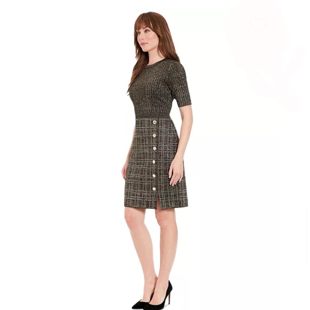 - Pullover Sweater Dress by London Times, Button Front Sheath Sweater Dress